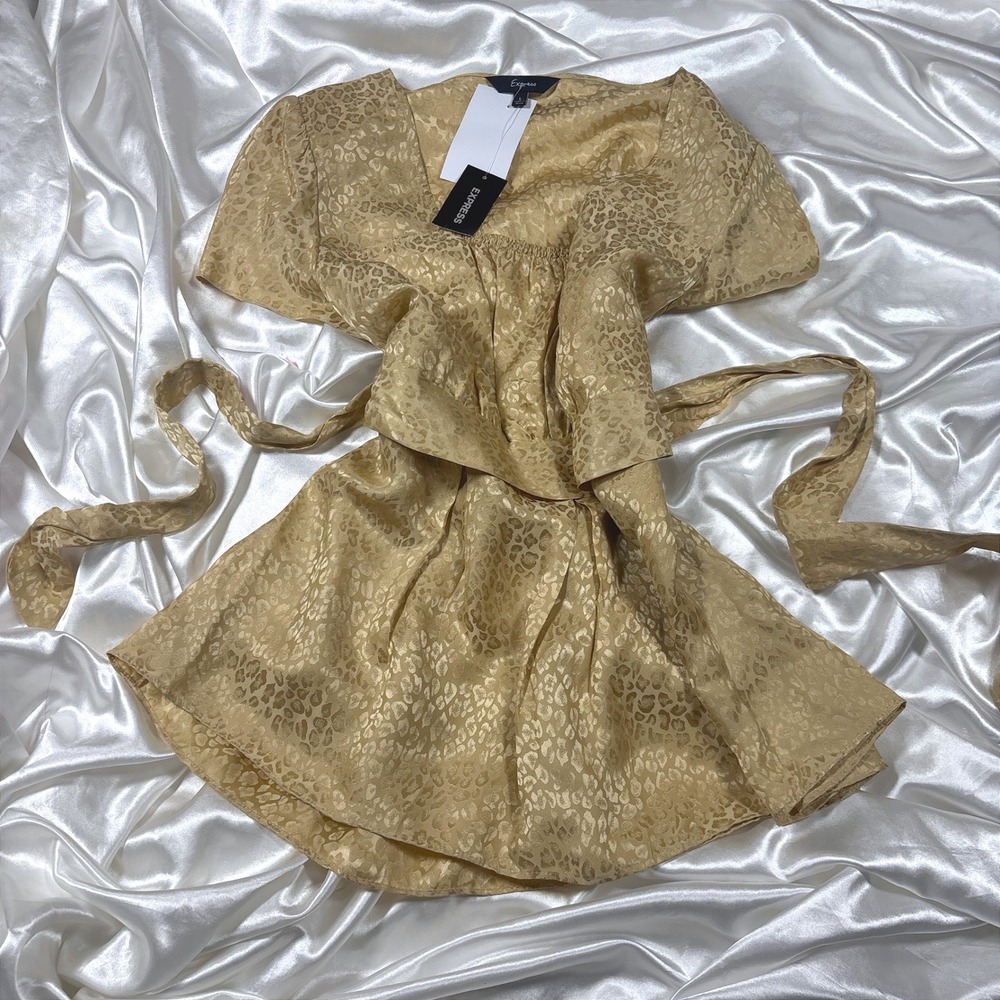 y2k Express Blouse Gold NWT Leopard Jacquard Tie Waist Square Neck Top